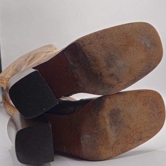 FRYE Vintage Retro Swirl Stitching Tall Chunky High Heel Brown Leather Boots - Picture 7 of 9